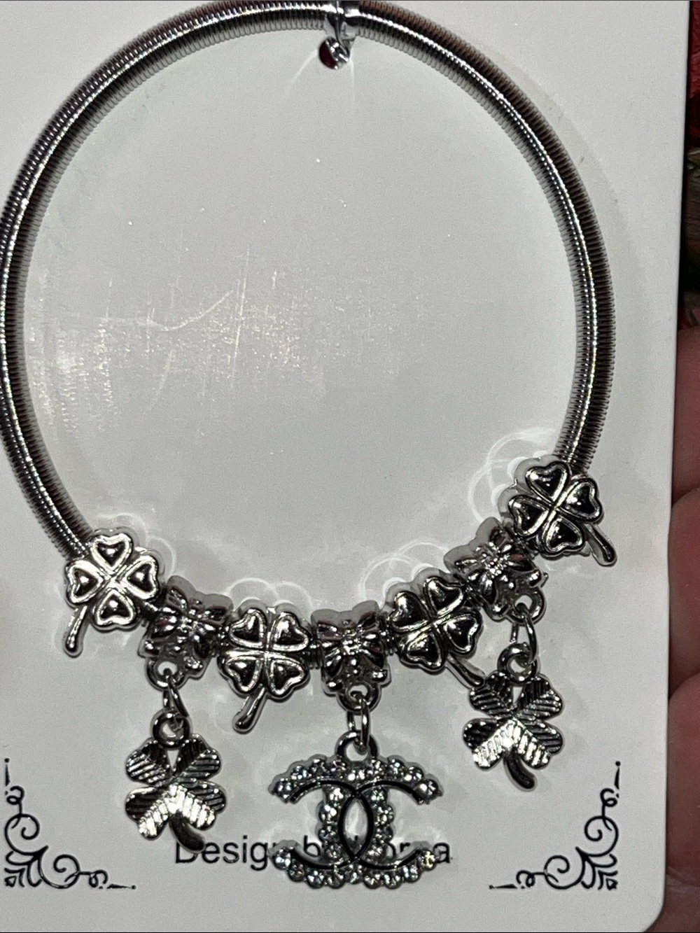 Inspired- Silver Four-Leaf Clover Charm Necklace with Crystal Logo Pendant